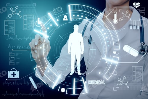 Preview: Medicine And Tech Concept. Doctor Hand With Stethoscope Using Creative Glowing Blue Medical