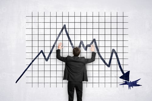 Preview: Back View Of Businessman With Abstract Downward Falling Into Hole Business Chart With Arrow Sketch
