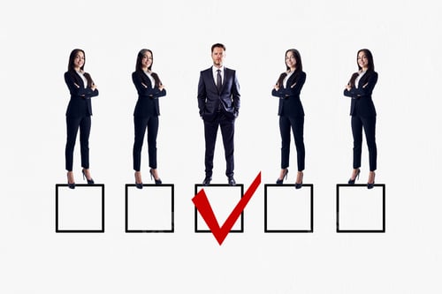 Preview: Row Of Businesswomen And Man On White Background With One Red Tick In Box. Talent Search And Hr
