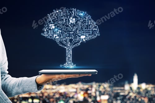 Preview: Hand Holding Smartphone With Abstract Circuit Tree On Blurry Night City Background. Artificial