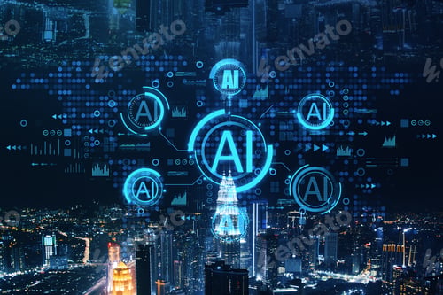 Preview: Abstract Glowing Smart City Backdrop With Digital Hologram And Dark Night Sky. Ai And Technology