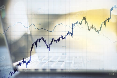 Preview: Close Up Of Laptop With Forex Chart On Desktop And Blurry Bokeh Background. Analytics And Trade