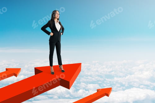 Preview: Successful Young Woman On Arrows. Blue Sky Background. Success And Development Concept.