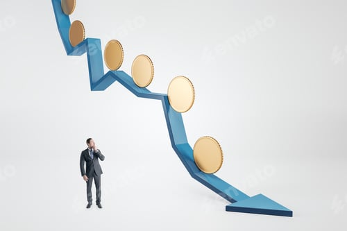 Preview: Attractive Thoughtful Young Businessman With Abstract Falling Blue Arrow With Empty Golden Coins On