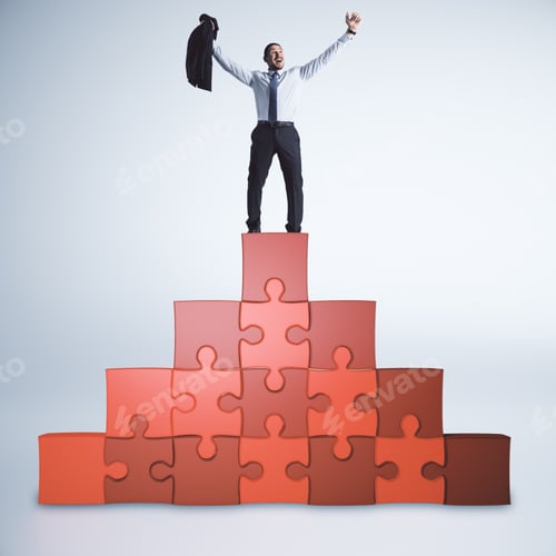 Preview: Successful Businessman Standing On Abstract Puzzle Stairs/Pedestal On White Background. Leadership