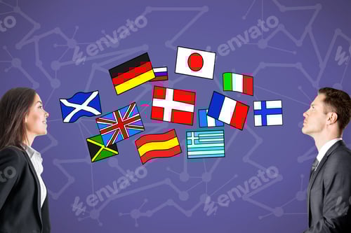 Preview: Attractive Young European Business Woman And Man Talking To Each Other On Purple Background With