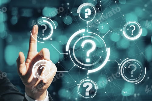 Preview: Close Up Of Businessman Hand Pointing At Abstract Glowing Question Marks Interface On Blurry Bokeh