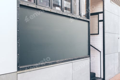 Preview: Empty Black Billboard On Building. Advertisement, Ad And Commercial Concept. Mock Up