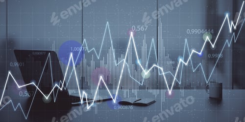 Preview: Close Up Of Workplace With Laptop Computer And Abstract Glowing Business Chart On Blurry Grid