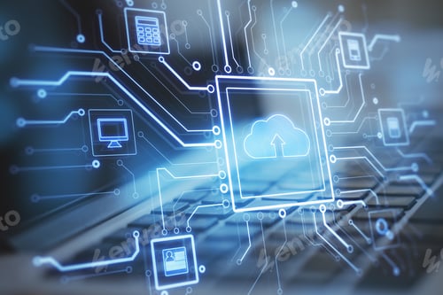 Preview: Close Up Of Laptop Computer At Desktop With Abstract Glowing Circuit Cloud Computing Interface On