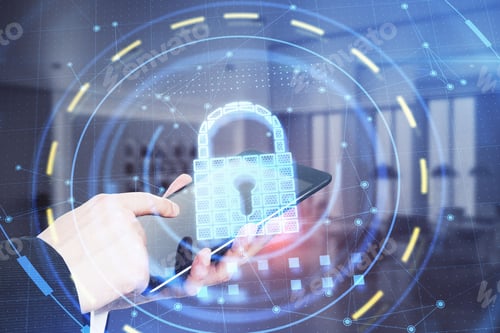 Preview: Close Up Of Businessman Hands Using Tablet With Glowing Padlock Hologram On Blurry Office