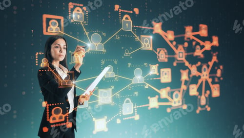 Preview: Attractive Young Caucasian Businesswoman Using Glowing People Interface Hologram On Blue