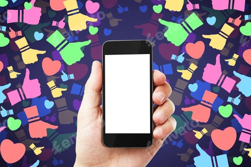 Preview: Close Up Of Hand Holding Empty White Mock Up Cellphone On Abstract Colorful Social Media Icons On