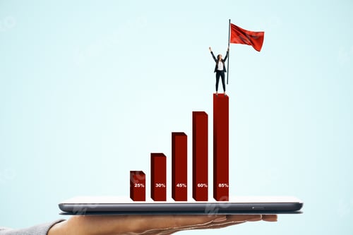 Preview: Businesswoman With Flag And Abstract Red Chart On Digital Tablet. Finance And Profit Concept