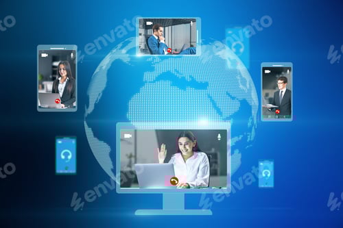 Preview: Creative Globe Map With Computer Screens And Creative Video Conference Call Between Attractive