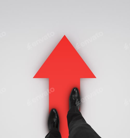 Preview: Businessman Standing On Red Arrow O A White Background