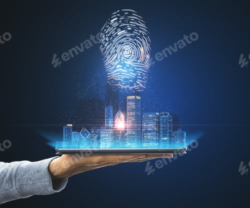 Preview: Hand With A Tablet Holding A City View Hologram On A Blue Background, Internatonal Business And