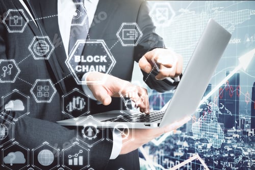 Preview: Businessmen Using Laptop With Abstract Blockchain Hologram On City Background. Cryptocurrency And