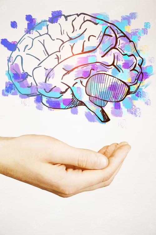 Preview: Male Hand Holding Drawn Bright Purple Brain On Light Background. Brainstorming Concept