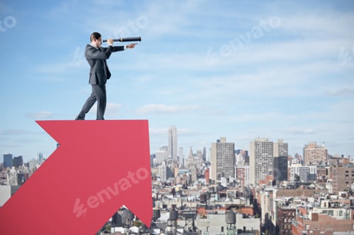 Preview: Businessman On Cloudy Sky And City Background Standing On Red Arrow And Looking Into The Distance