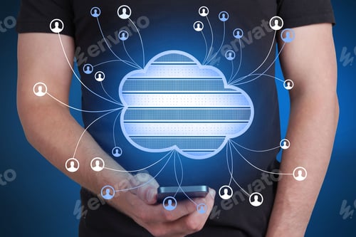 Preview: Close Up Of Guy Hand Holding Smartphone With Abstract Cloud Computing Hologram On Blurry Blue