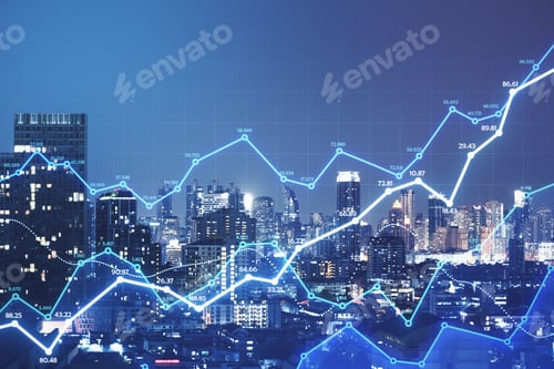 Preview: Smart City And Stats Concept With Growing Digital Graphs And Diagram At Abstract Night City