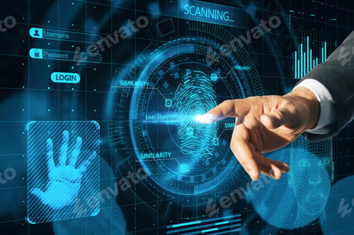 Preview: Businessperson Hand Pointing At Abstract Glowing Finger Scanning Hologram On Dark Background