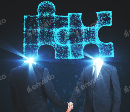 Preview: Puzzle Headed Businessmen Shaking Hands On Blue Backdrop. Teamwork And Success Concept