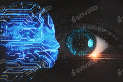Preview: Futuristic Cyber Eye With Circuit Head. Technology And Communication Concept.