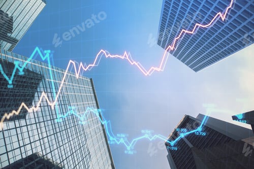Preview: Abstract City Texture With Glowing Forex Chart. Bottom View. Trade And Finance Concept. Double