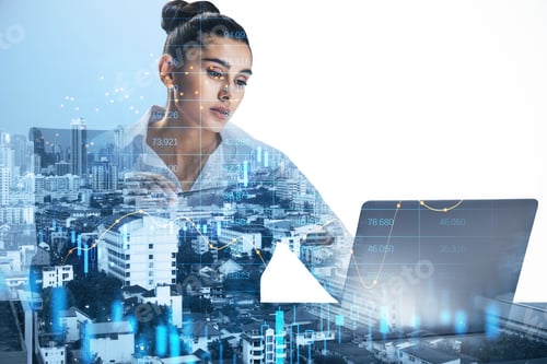 Preview: Attractive Young European Businesswoman Using Laptop On Abstract Blue City Background With Index