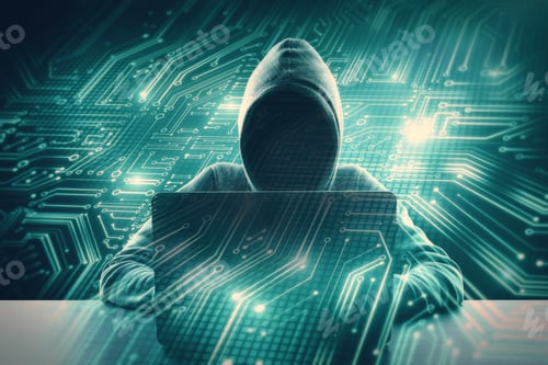 Preview: Hacker Using Laptop With Circuit. Computing And Chip Concept. Double Exposure
