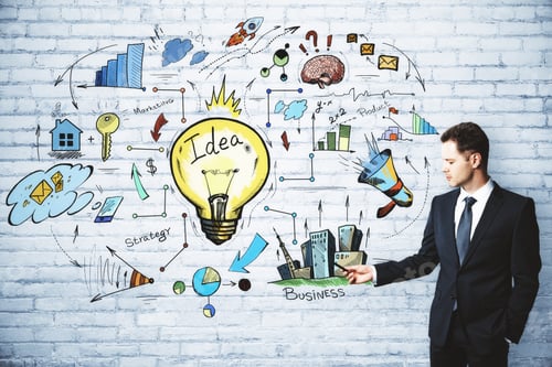 Preview: Leadership And Seminar Concept. Handsome European Businessman Drawing Business Sketch On White