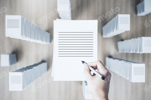 Preview: Top View Of Hand With Paperwork Stack On Wooden Background. Workload And Bureaucracy Concept