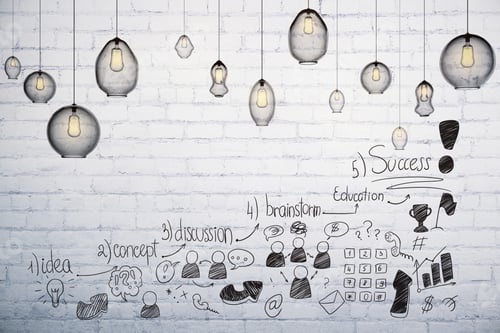 Preview: Brick Wall With Lamps And Creative Business Doodle. Startup And Marketing Concept