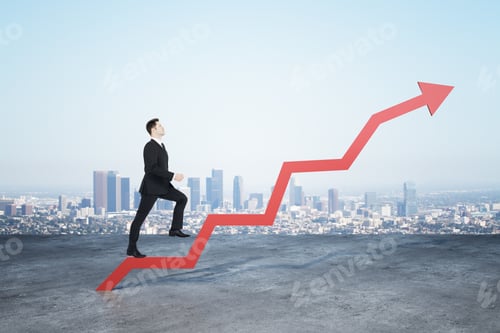 Preview: Businessman Walking On Stock Red Arrow On City Background. Business And Financial Success Concept.
