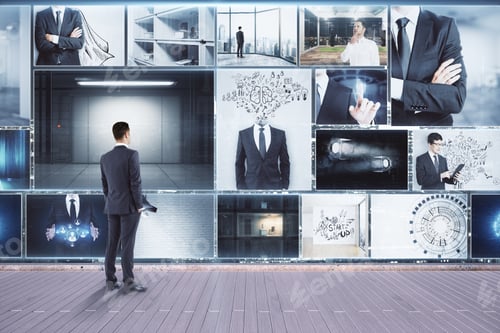 Preview: Businessman Looking At Abstract Business Picture Gallery. Technology And Innovation Concept