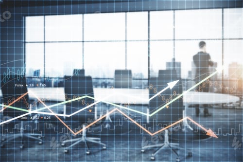 Preview: Thoughtful Businessman Standing In Blurry Meeting Room Interior With Forex Chart. Economy And