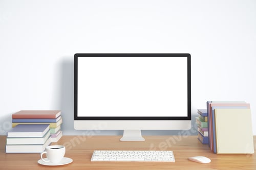 Preview: Blank White Computer Screen With Books, Cup Of Coffee And Keyboard On Wooden Table, Mock Up 3D