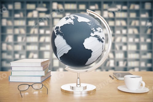 Preview: Wooden Desktop With Globe, Coffee, Books And Glasses On Library Background. 3D Render