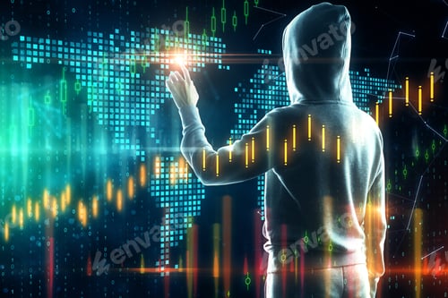 Preview: Hacker Using Map Interface With Abstract Forex Chart. Investment And Malware Concept. Double