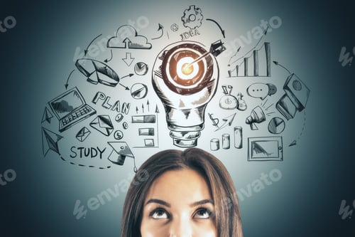 Preview: Businesswoman With Drawing Target Lightbulb Over Head. Success And Startup Concept.