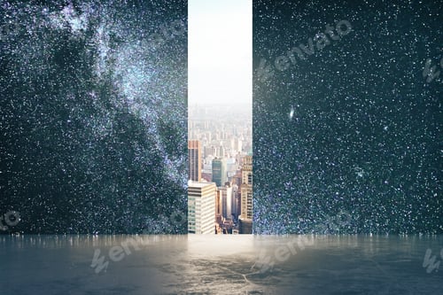 Preview: Long Opening With City View In Abstract Space Starry Sky Interior With Concrete Floor. Opportunity