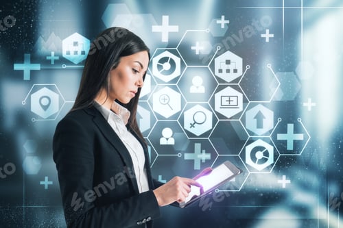 Preview: Attractive Young Businesswoman With Tablet Using Creative Medical Interface On Blurry Background