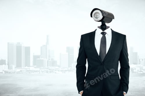 Preview: Cctv Headed Man On City Background. Supervision Concept