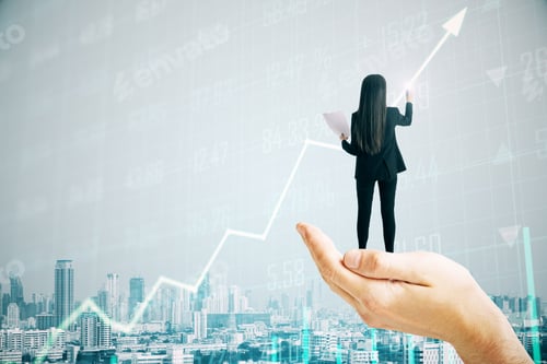 Preview: Businesswoman Standing On Hand And Drawing Glowing Creative Business Chart On Virtual Screen