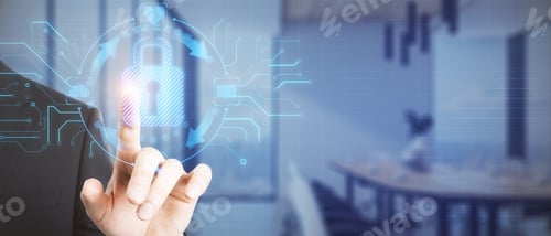 Preview: Businessman Hand Pointing At Abstract Wide Glowing Blue Padlock Hologram On Blurry Office Interior