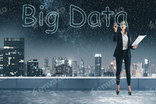Preview: Young Businesswoman Writing Big Data On Concrete Rooftop Background With Blurry Night City View