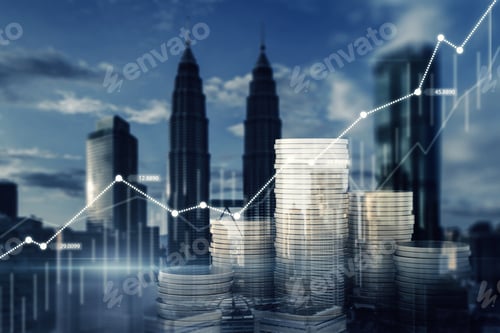 Preview: Creative Image Of Stacked Coins And Business Chart On Blurry City Background. Finance, Economic