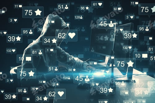 Preview: Hacker Using Computer With Social Media Icons. Cyberspace And Communication Concept. Double Exposure